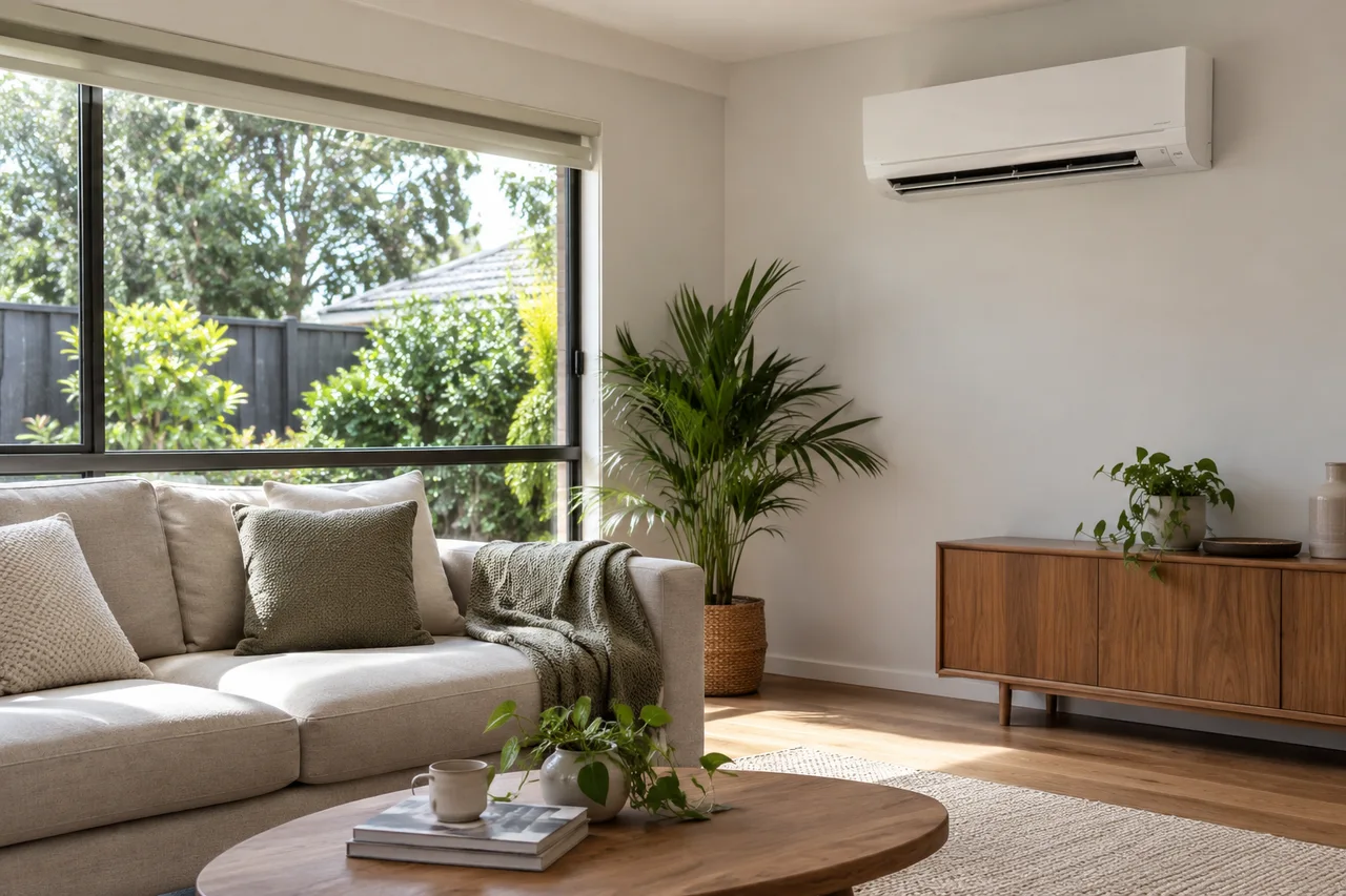 a wall-mounted split-system air conditioner in a bright Australian living room