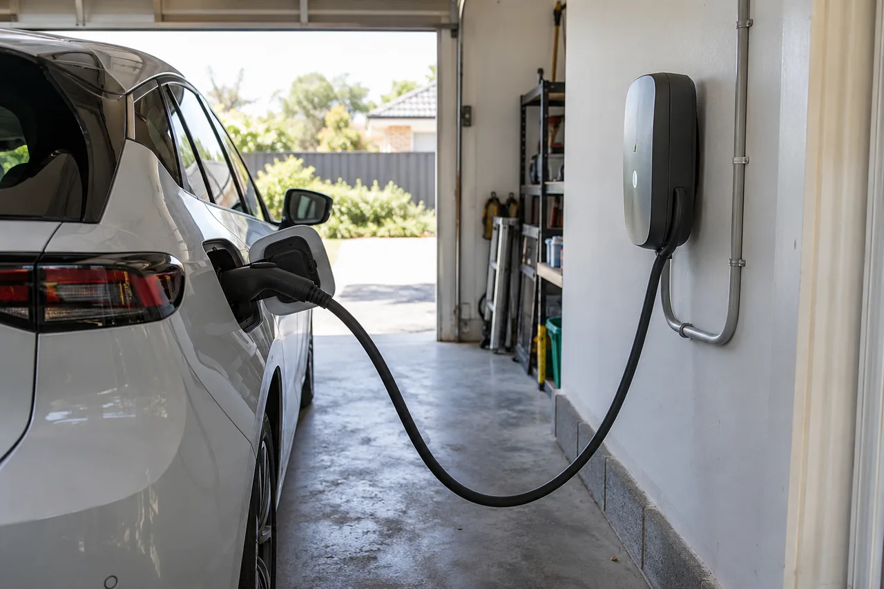 an electric vehicle plugged into a domestic garage charger
