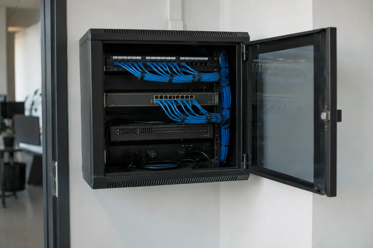 an office network cabinet with Ethernet cabling